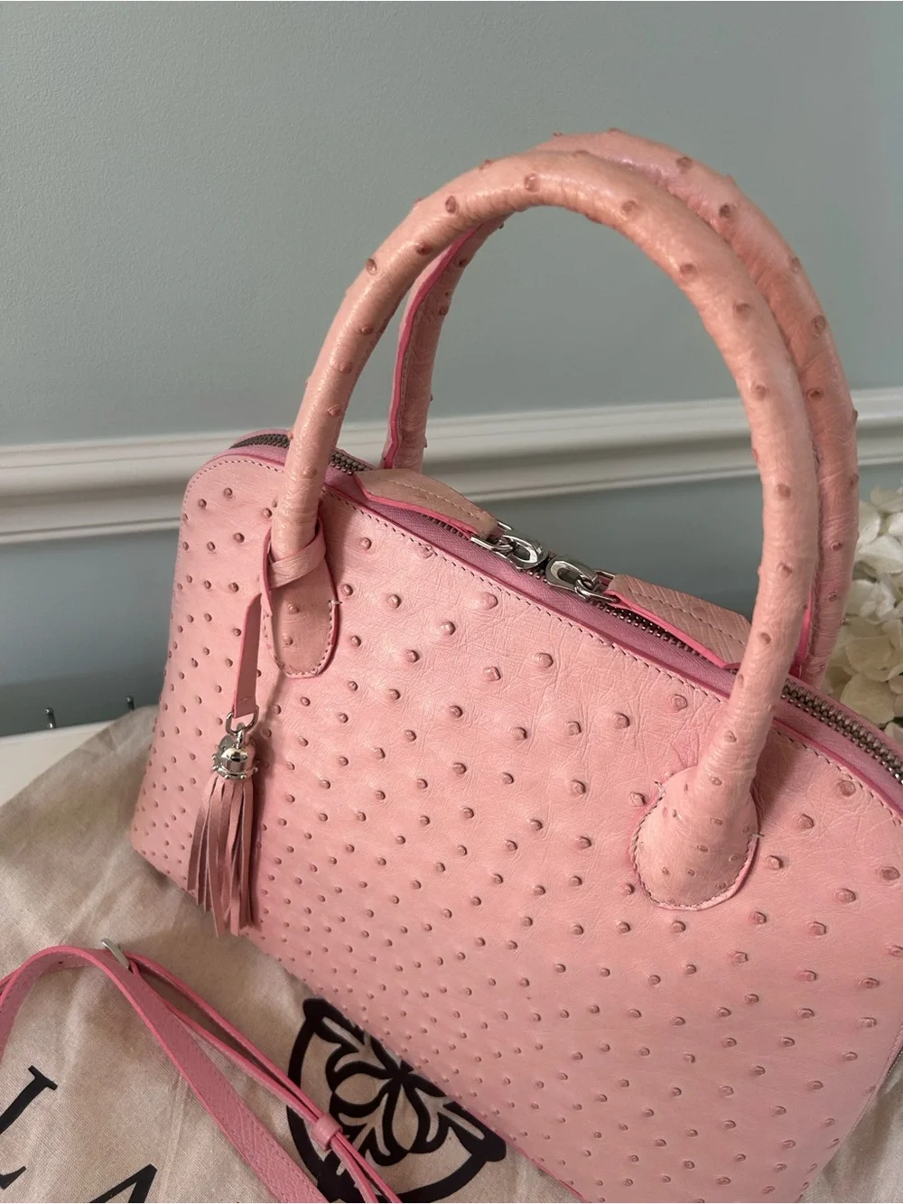 Pink Genuine Ostrich Leather LaNae Exotic  Satchel Tassel and Crossbody Strap